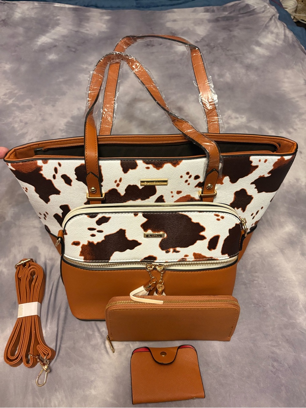 Cow-Print Tote Bag with Tan Trim - Women Bags 5 piece set - Picture 4 of 9